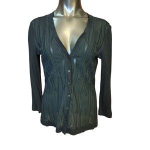 AK ANNE KLEIN Womens M Black Textured Front Semi Sheer Long Sleeve V-Neck Shirt